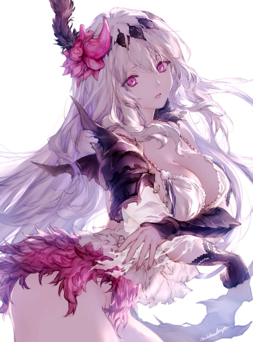 1girl blouse breasts dark_jeanne feathers gloves granblue_fantasy hair_feathers hairband highres jeanne_d'arc_(granblue_fantasy) large_breasts long_hair michudx no_panties red_eyes shoulder_pads simple_background single_glove skirt solo white_background white_hair