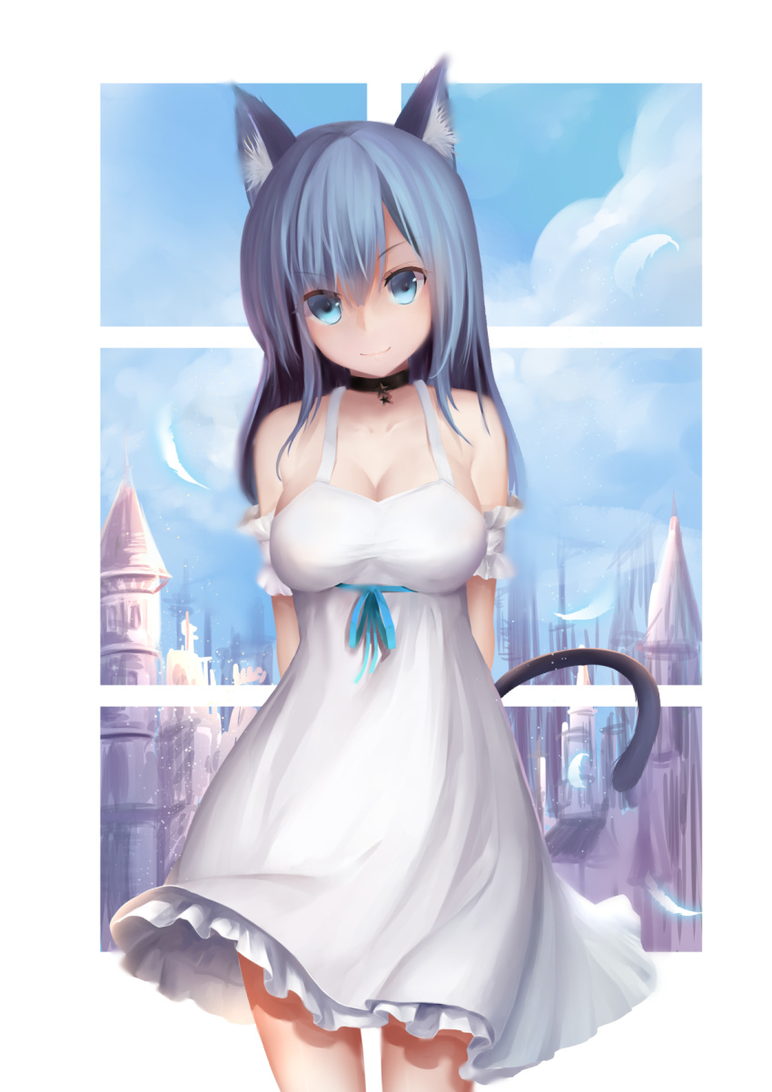 1girl animal_ears bangs bare_shoulders black_choker blue_eyes blue_hair blue_ribbon blue_sky blush breasts cat_ears cat_girl cat_tail choker cleavage closed_mouth clouds commentary_request cowboy_shot day dress eyebrows_visible_through_hair feathers hair_between_eyes head_tilt highres karin_(fineyanny) long_hair looking_at_viewer medium_breasts original revision ribbon sky sleeveless sleeveless_dress smile solo tail white_dress window