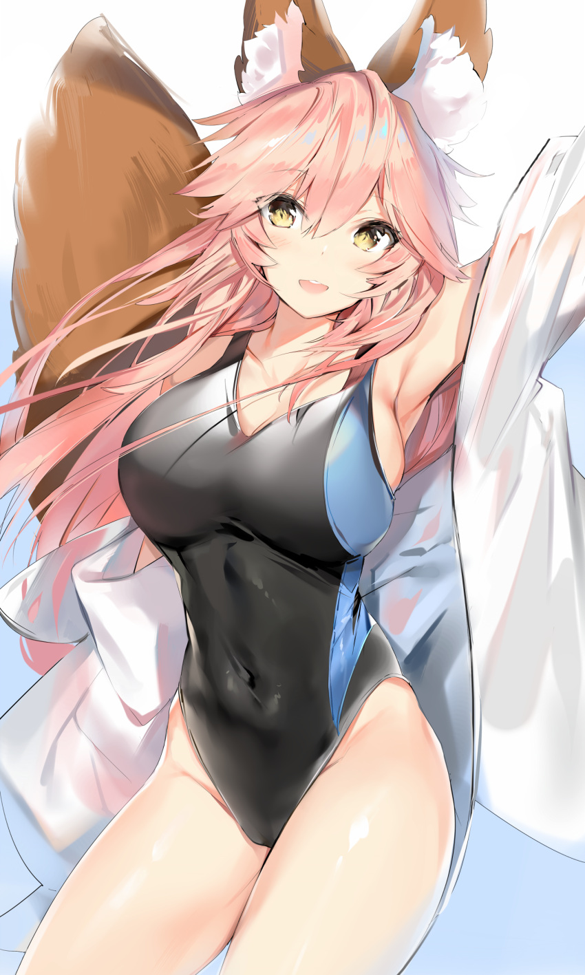 1girl :d absurdres animal_ears arm_up armpits bangs bare_shoulders black_swimsuit blue_background blush breasts brown_eyes cleavage collarbone commentary_request covered_navel eyebrows_visible_through_hair fate/extra fate_(series) fox_ears fox_girl fox_tail gradient gradient_background groin hair_between_eyes highres jacket large_breasts long_hair looking_at_viewer off_shoulder one-piece_swimsuit open_clothes open_jacket open_mouth outstretched_arm pink_hair see-through sideboob silver_(chenwen) smile solo swimsuit tail tail_raised tamamo_(fate)_(all) tamamo_no_mae_(fate) upper_teeth very_long_hair white_background