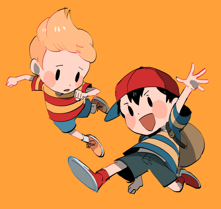 &gt;:d 2boys backpack bag baseball_cap black_eyes black_hair blonde_hair blush_stickers clenched_hand full_body glasses_enthusiast hat highres horizontal-striped_shirt horizontal_stripes lucas male_focus mother_(game) mother_2 mother_3 multiple_boys ness orange_background quiff red_legwear shirt shorts simple_background socks striped striped_shirt white_legwear