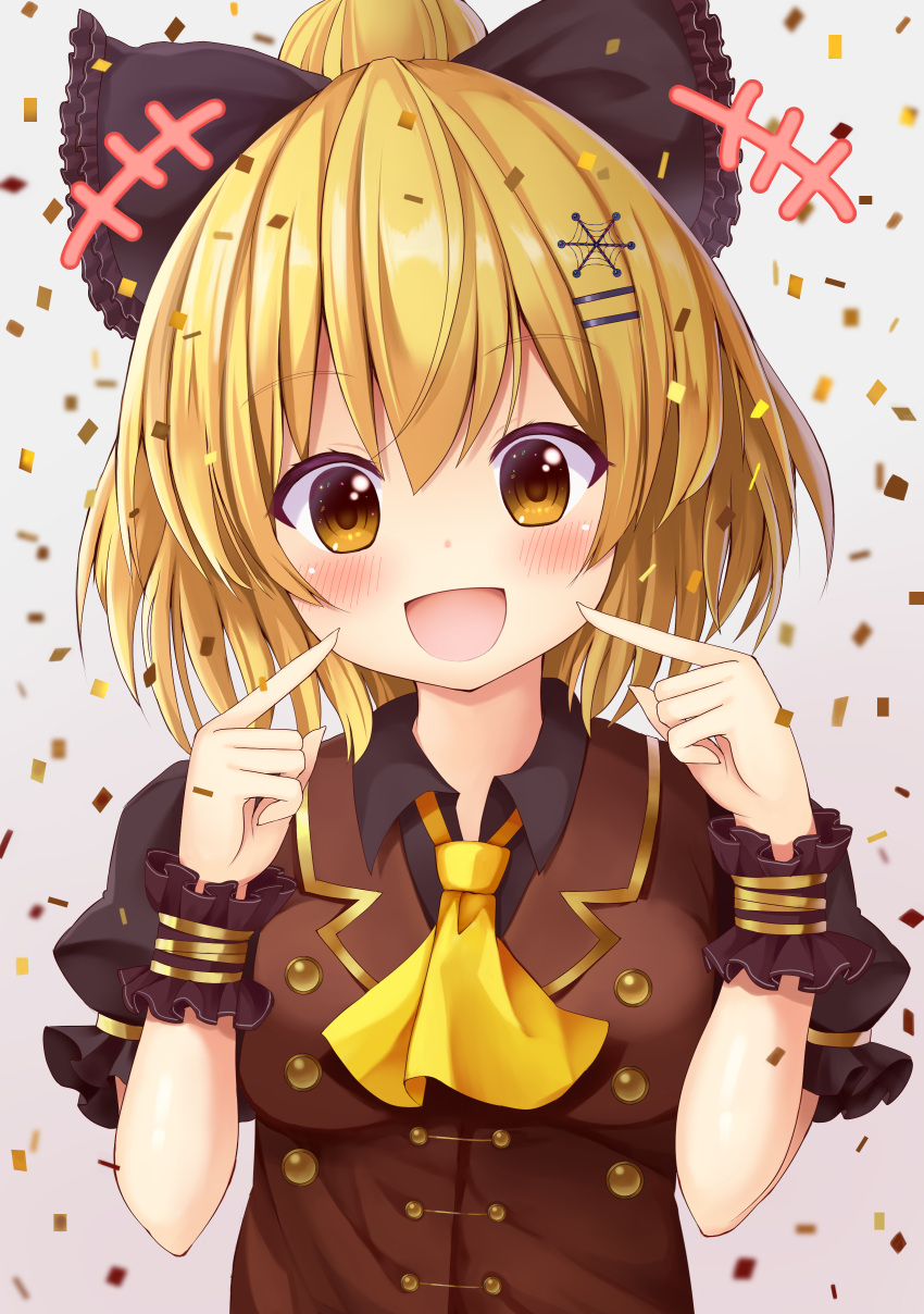1girl :d absurdres adapted_costume ascot black_bow black_shirt blonde_hair blush bow breasts brown_vest commentary_request confetti eyebrows_visible_through_hair gradient gradient_background grey_background hair_bow hands_up head_tilt highres index_fingers_raised kurodani_yamame looking_at_viewer medium_breasts open_mouth pointing pointing_at_self puffy_short_sleeves puffy_sleeves shirt short_hair short_sleeves smile solo suigetsu_(watermoon-910) touhou upper_body vest wing_collar wrist_cuffs yellow_eyes yellow_neckwear
