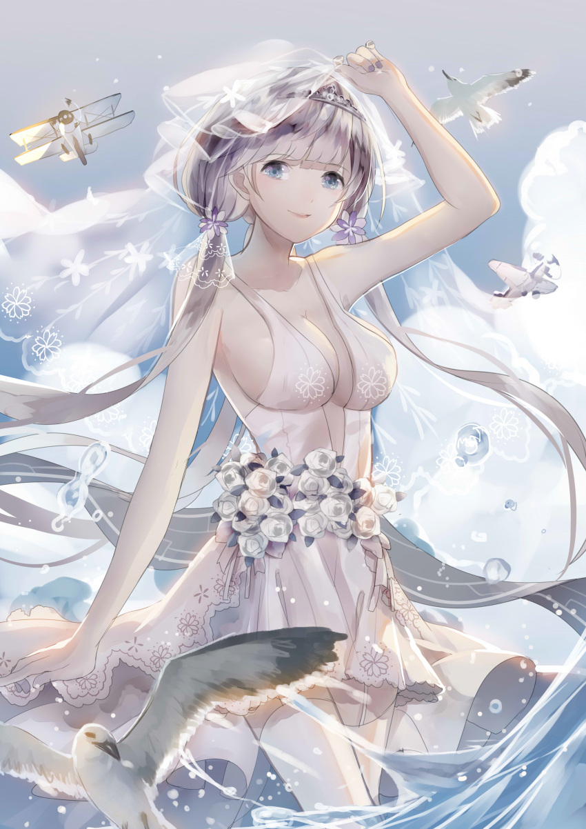 1girl absurdres aircraft airplane alternate_costume alternate_hairstyle arm_behind_back azur_lane bangs bird blue_eyes blue_sky blush breasts bridal_veil bride cleavage clouds collarbone cowboy_shot day dress elbow_gloves eyebrows_visible_through_hair flight_deck flower garter_straps gloves hair_flower hair_ornament hair_ribbon hand_on_headwear hand_up highres illustrious_(azur_lane) jewelry large_breasts long_hair looking_at_viewer low_twintails mole mole_under_eye no_bra ocean outdoors ribbon seagull sky smile solo sparkle splashing sun tadatsu thigh-highs thighs tress_ribbon twintails veil water_drop wedding_dress white_dress white_hair white_legwear