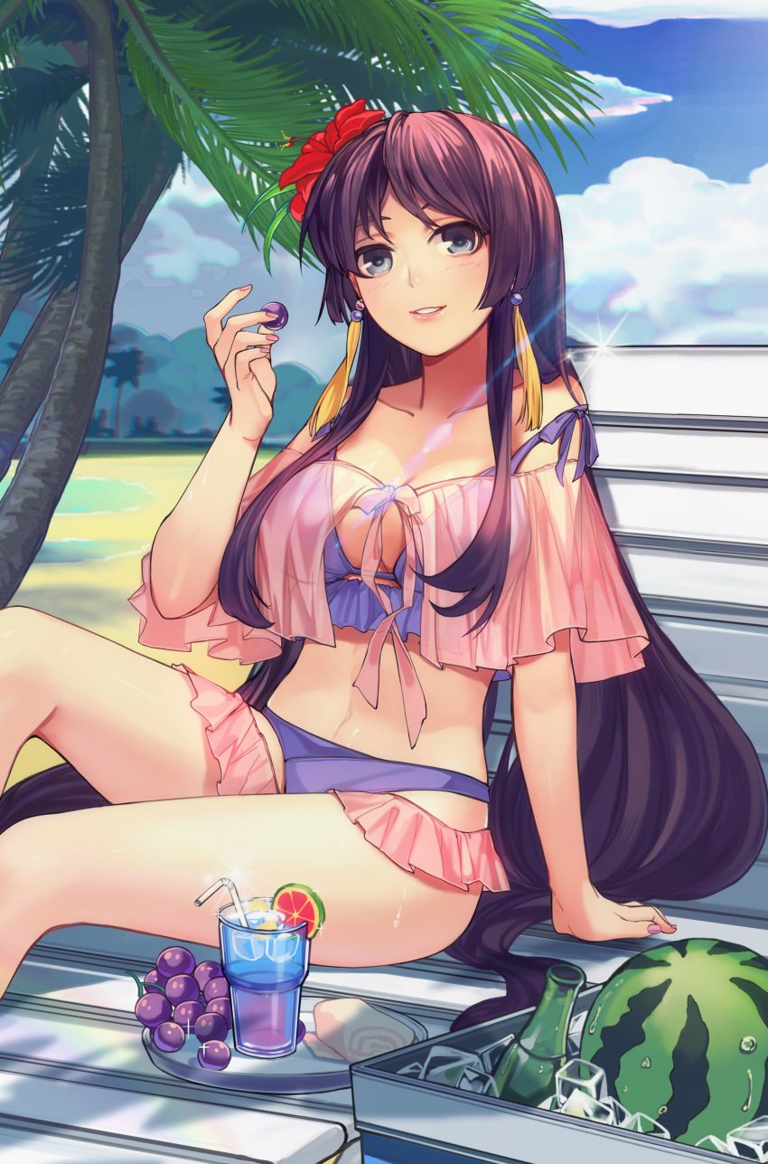 1girl absurdres arm_support beach bikini blue_bikini blue_sky bottle breasts brown_hair clouds collarbone day drinking_straw flower food fruit glass grey_eyes hair_flower hair_ornament highres holding long_hair medium_breasts mikuni_romance nail_polish outdoors palm_tree parted_lips red_flower sangoku_romance see-through sitting sky smile solo sparkle sunlight swimsuit tree very_long_hair watermelon