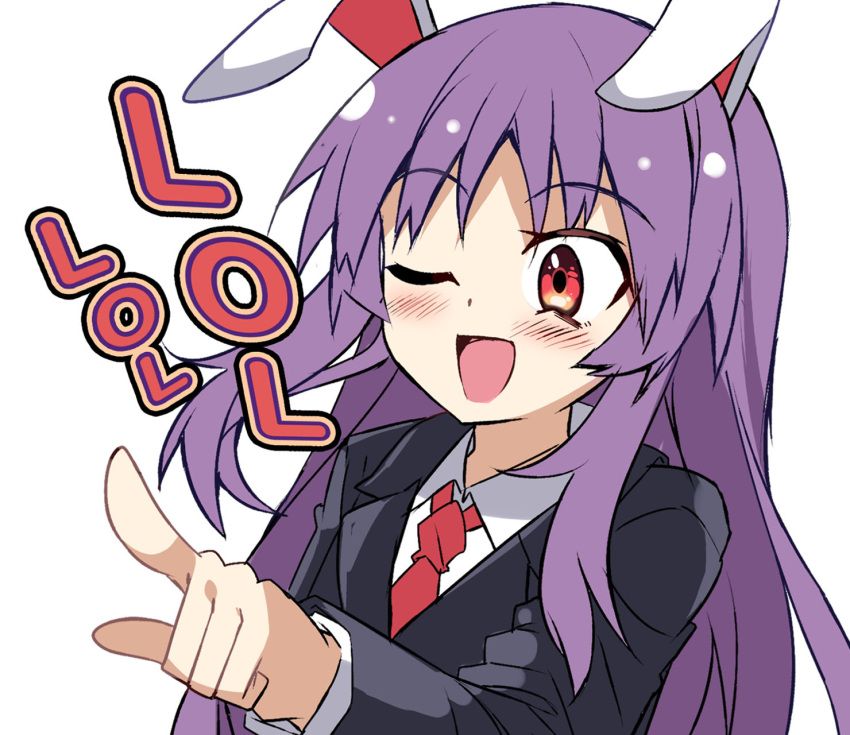 1girl ;d animal_ears black_jacket blazer blush commentary_request e.o. eyebrows_visible_through_hair highres index_finger_raised jacket long_hair long_sleeves necktie one_eye_closed open_mouth pointing purple_hair rabbit_ears red_eyes red_neckwear reisen_udongein_inaba shirt sidelocks simple_background smile solo touhou upper_body white_background white_shirt wing_collar