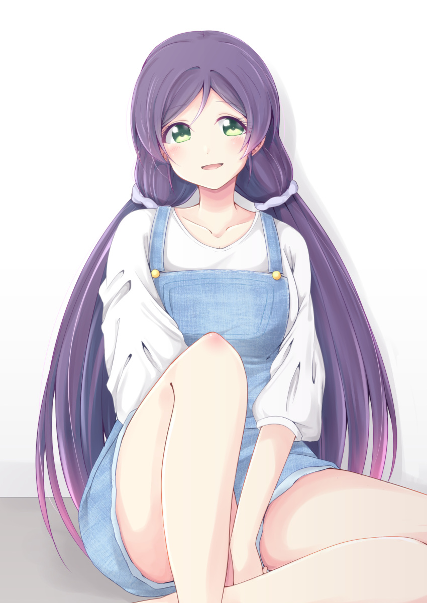 1girl :d between_legs blush casual chiro_(bocchiropafe) collarbone green_eyes hand_between_legs highres knee_up long_hair long_sleeves looking_at_viewer love_live! love_live!_school_idol_project open_mouth overall_shorts overalls purple_hair purple_scrunchie scrunchie shirt sitting smile solo toujou_nozomi twintails white_background white_shirt