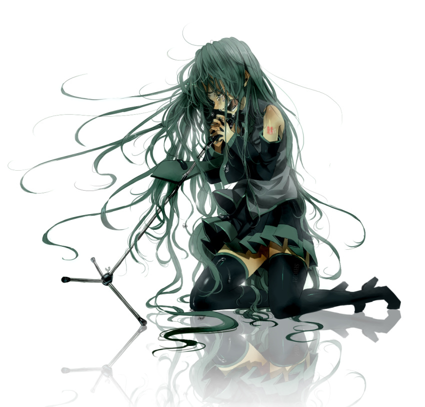 1girl aqua_eyes aqua_hair black_legwear boots commentary crying detached_sleeves floating_hair green_hair hair_down hatsune_miku holding holding_microphone holding_microphone_stand kneeling long_hair messy_hair microphone music necktie open_mouth reflection shiori_(xxxsi) singing sitting skirt sleeveless solo tattoo tears thigh-highs thigh_boots very_long_hair vocaloid