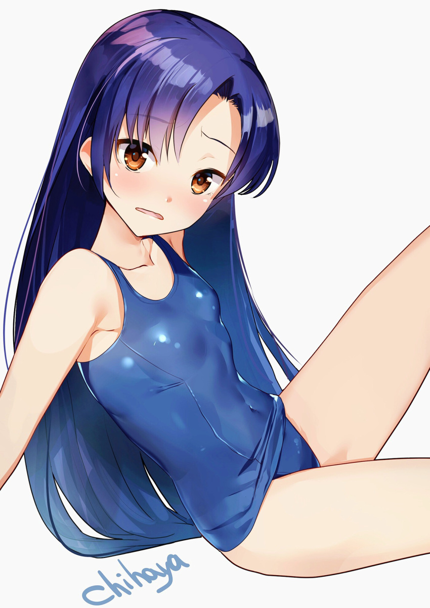 1girl bangs blue_hair blush breasts brown_eyes character_name collarbone covered_navel eyebrows_visible_through_hair from_side grey_background highres idolmaster idolmaster_(classic) kisaragi_chihaya long_hair looking_at_viewer open_mouth parted_bangs school_swimsuit shiny shiny_clothes shiny_hair simple_background sitting small_breasts solo straight_hair swimsuit very_long_hair yamacchi