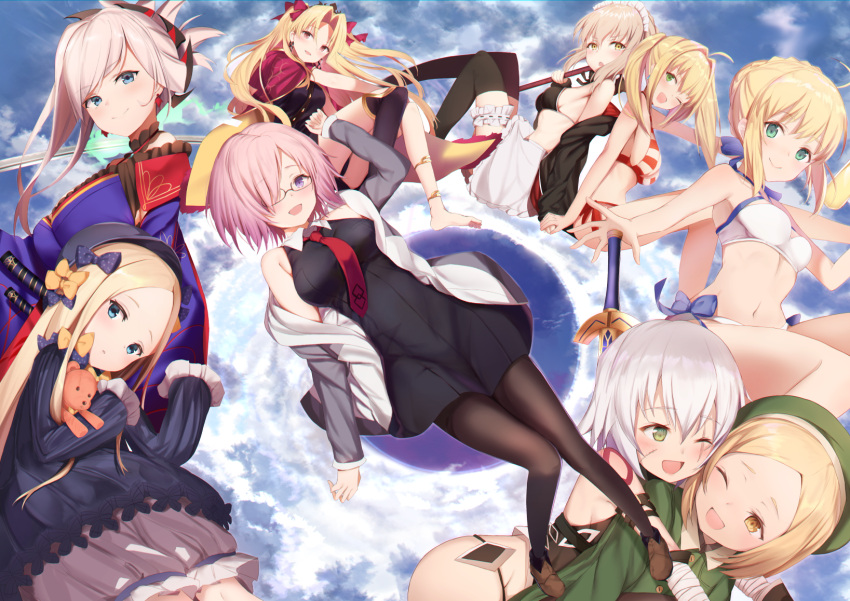 6+girls abigail_williams_(fate/grand_order) ahoge apron artoria_pendragon_(all) artoria_pendragon_(swimsuit_archer) artoria_pendragon_(swimsuit_rider_alter) ass asymmetrical_hair asymmetrical_legwear bangs bare_shoulders barefoot beret bikini black_bikini black_bow black_dress black_hat black_jacket black_legwear black_panties black_shirt blonde_hair bloomers blue_bow blue_eyes blue_kimono blue_sky blush bow breasts brown_eyes brown_legwear bug butterfly cape closed_mouth clouds cloudy_sky collared_dress commentary_request day dress ereshkigal_(fate/grand_order) excalibur eyebrows_visible_through_hair facial_scar fate/grand_order fate_(series) forehead frilled_apron frills glasses green_eyes green_hat green_jacket hair_between_eyes hair_bow hair_intakes hair_ornament hair_over_one_eye hat highres hood hood_down hooded_jacket insect jack_the_ripper_(fate/apocrypha) jacket japanese_clothes katana kimono large_breasts long_hair long_sleeves looking_at_viewer maid_headdress maosame mash_kyrielight medium_breasts miyamoto_musashi_(fate/grand_order) multicolored multicolored_cape multicolored_clothes multiple_girls navel necktie nero_claudius_(fate)_(all) nero_claudius_(swimsuit_caster)_(fate) object_hug off_shoulder open_clothes open_jacket orange_bow outdoors panties pantyhose parted_bangs paul_bunyan_(fate/grand_order) pink_hair pixiv_fate/grand_order_contest_2 polka_dot polka_dot_bow red_bow red_cape red_neckwear saber saber_extra scar scar_across_eye scar_on_cheek shirt short_hair shoulder_tattoo silver_hair single_thighhigh sitting sky sleeveless sleeveless_dress sleeveless_shirt sleeves_past_fingers sleeves_past_wrists smile striped striped_bikini stuffed_animal stuffed_toy swimsuit sword tattoo teddy_bear thigh-highs tiara tohsaka_rin twintails underwear very_long_hair violet_eyes waist_apron weapon white_apron white_bikini white_bloomers white_jacket yellow_cape