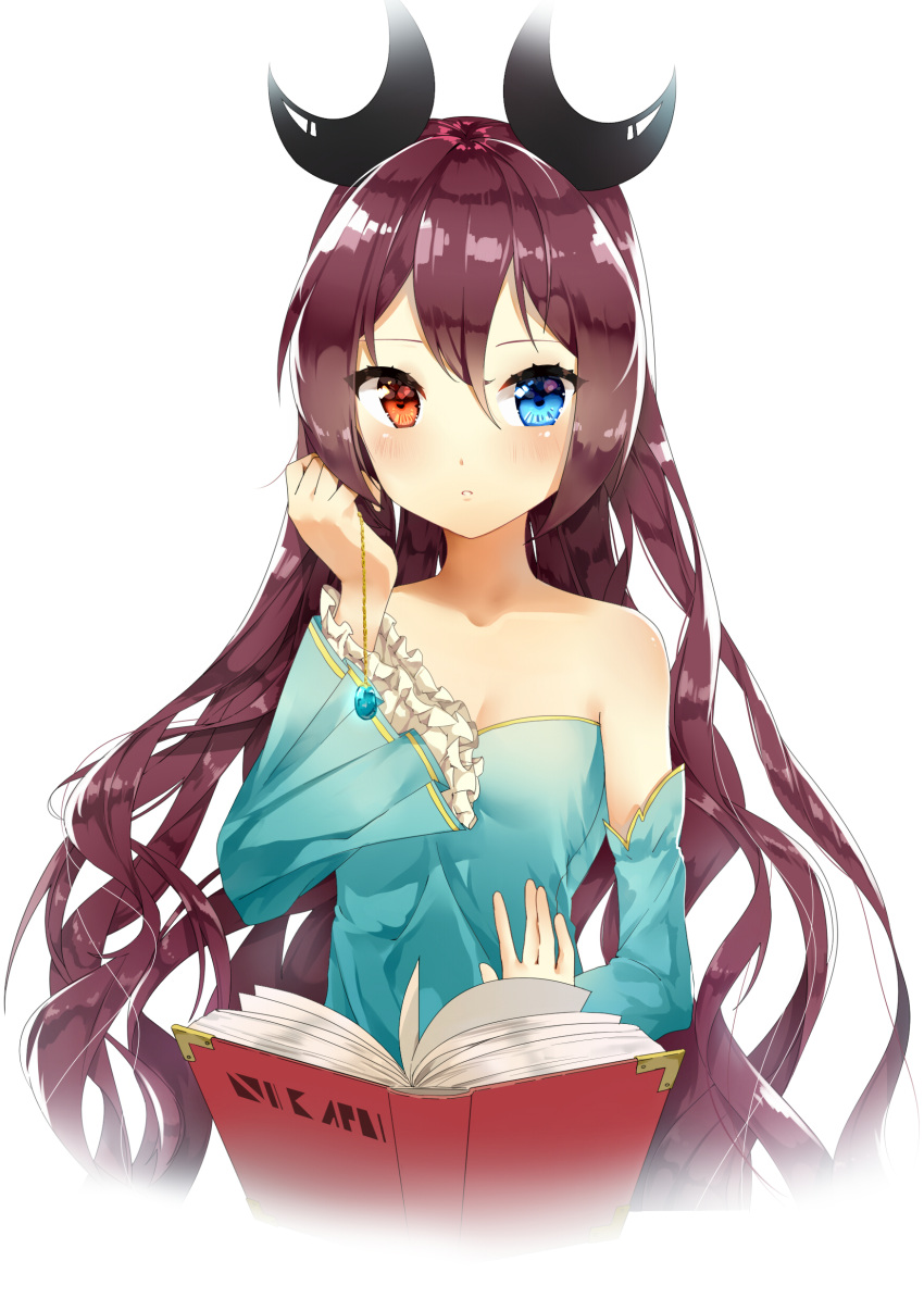 1girl absurdres blue_eyes book breasts brown_hair cleavage collarbone detached_sleeves floating_hair hair_ornament heterochromia highres holding ihachisu long_hair open_book original parted_lips red_eyes simple_background small_breasts solo strapless upper_body very_long_hair white_background