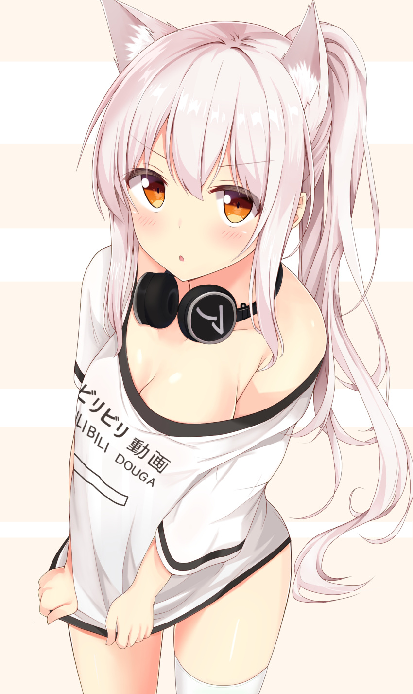 1girl animal_ears asymmetrical_legwear ayanami_(azur_lane) azur_lane bangs bare_shoulders bilibili_douga blush breasts brown_eyes cat_ears cleavage clothes_writing collarbone commentary eyebrows_visible_through_hair hair_between_eyes headphones headphones_around_neck highres kyuujou_komachi long_hair looking_at_viewer medium_breasts off_shoulder parted_lips ponytail revision shirt shirt_tug short_sleeves sidelocks silver_hair single_thighhigh solo striped striped_background thigh-highs v-shaped_eyebrows very_long_hair white_legwear white_shirt