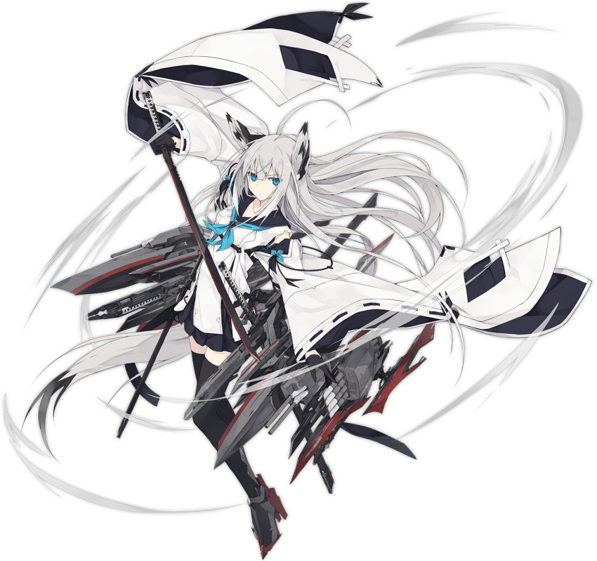 1girl azur_lane bangs black_gloves black_legwear black_sailor_collar black_skirt blue_eyes blue_neckwear breasts crossed_bangs detached_sleeves eyebrows eyebrows_visible_through_hair feathered_wings feathers full_body gloves head_wings high_heels highres holding holding_sword holding_weapon katana kawakaze_(azur_lane) long_hair machinery miniskirt nagishiro_mito neckerchief official_art pleated_skirt ribbon-trimmed_clothes ribbon-trimmed_sleeves ribbon_trim sailor_collar shirt silver_hair simple_background skirt small_breasts solo straight_hair sword tachi-e thigh-highs transparent_background turret weapon white_shirt wings zettai_ryouiki