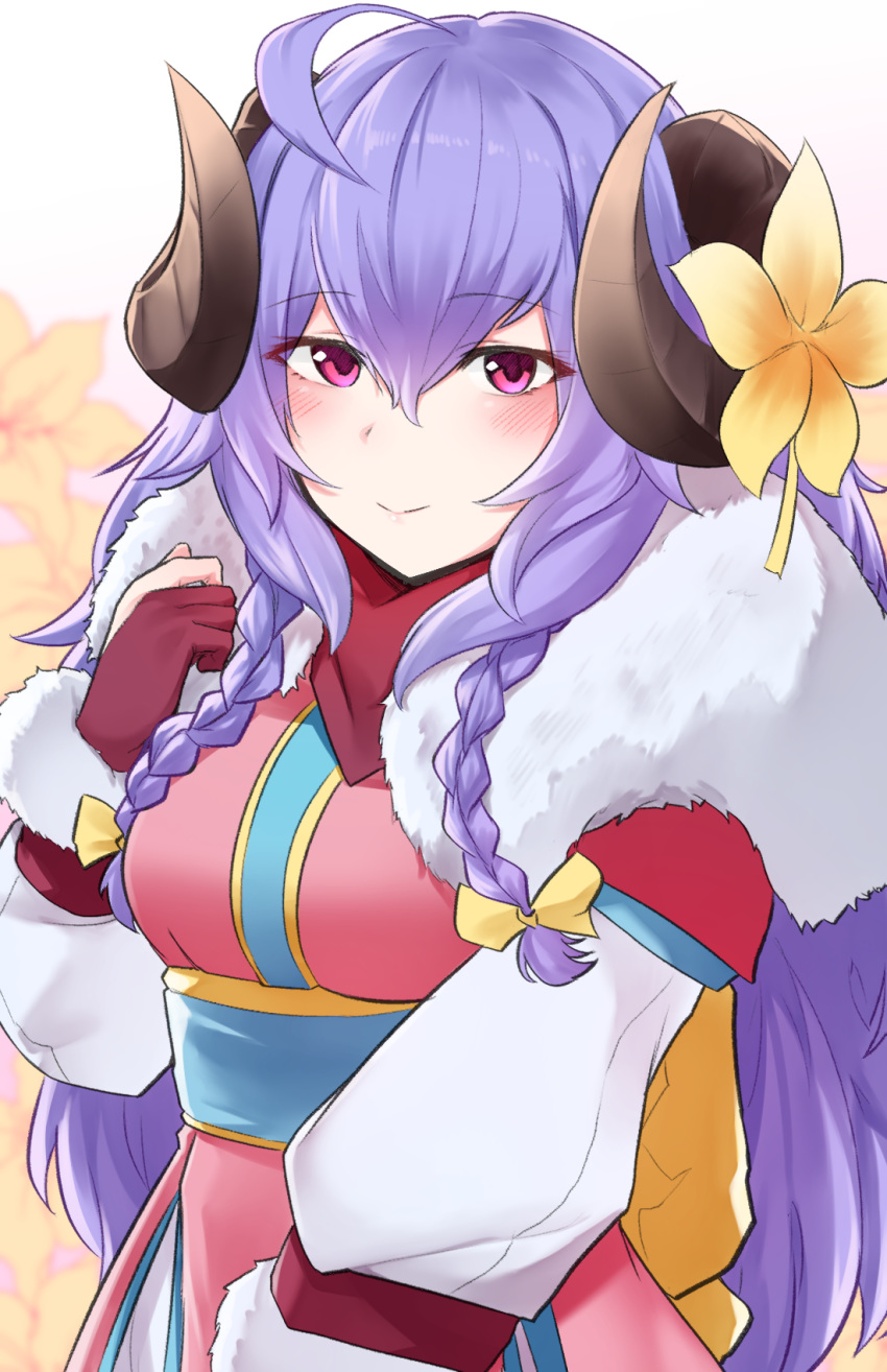 1girl ahoge braid breasts curled_horns flower fur_collar gloves hair_flower hair_ornament hand_up highres horns japanese_clothes kimono kindred kongthegrain lamb_(league_of_legends) league_of_legends long_hair long_sleeves looking_at_viewer obi partly_fingerless_gloves pink_eyes pink_kimono purple_hair red_gloves sash small_breasts smile solo spirit_blossom_kindred twin_braids upper_body yellow_flower