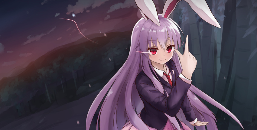 1girl animal_ears blazer blouse bunny_tail buttons collared_blouse crescent crescent_moon_pin highres jacket lavender_hair long_hair long_sleeves medium_skirt nature necktie outdoors pink_skirt pleated_skirt rabbit_ears red_eyes red_neckwear reisen_udongein_inaba shirt skirt solo tail touhou touhourh tree twilight very_long_hair white_blouse