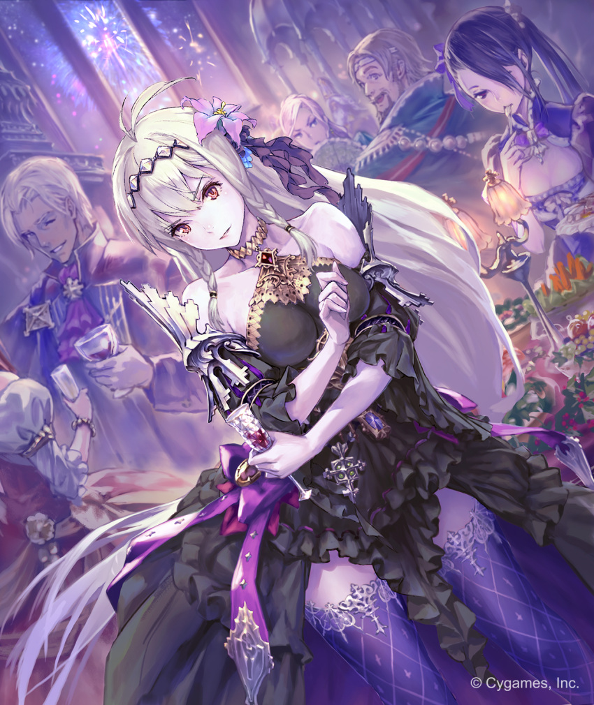 beard black_dress black_hair breasts brown_hair choker cleavage cleavage_cutout collarbone cup dark_jeanne detached_sleeves dress drinking_glass dutch_angle facial_hair fan floating_hair flower gloves granblue_fantasy hair_flower hair_ornament hair_over_one_eye head_tilt highres hisakata_souji holding holding_drinking_glass holding_fan layered_dress long_hair looking_back medium_breasts multiple_boys multiple_girls one_eye_closed pale_skin parted_lips pink_flower purple_legwear red_eyes side_ponytail silver_hair sleeveless sleeveless_dress solo_focus thigh-highs vampire very_long_hair white_flower white_gloves white_skin