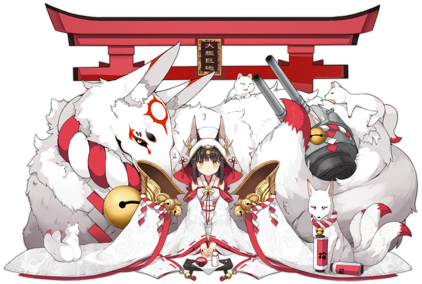 1girl animal animal_ears azur_lane bare_shoulders bell black_hair blush boqboq breasts closed_mouth detached_sleeves facing_viewer fox fox_ears full_body hair_ornament highres hood hood_up japanese_clothes jingle_bell kimono kitsune long_hair long_sleeves looking_at_viewer nagato_(azur_lane) official_art oversized_animal ribbon-trimmed_clothes ribbon-trimmed_sleeves ribbon_trim sidelocks simple_background sitting small_breasts smile solo tachi-e torii transparent_background uchikake wide_sleeves x_hair_ornament yellow_eyes