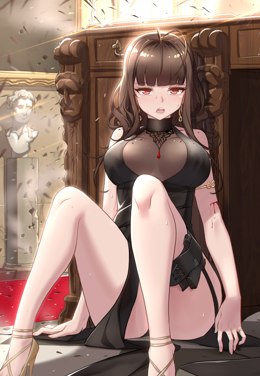 1girl antenna_hair armlet bangs bare_legs black_dress blood blunt_bangs breasts brown_hair choker dress dsr-50_(girls_frontline) earrings eyebrows_visible_through_hair firing girls_frontline gun handgun high_heels highres holster indoors jewelry large_breasts long_hair looking_at_viewer narynn open_mouth pelvic_curtain pistol red_eyes ring sidelocks sitting solo sweat thigh_holster weapon