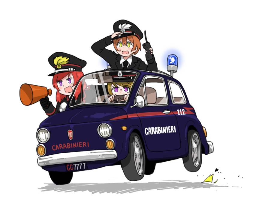 3girls anyan_(jooho) blue_light car carabinieri commentary driving fiat_500 flashing_light ground_vehicle hoshizora_rin koizumi_hanayo love_live! love_live!_school_idol_project megaphone motor_vehicle multiple_girls nishikino_maki police police_car walkie-talkie