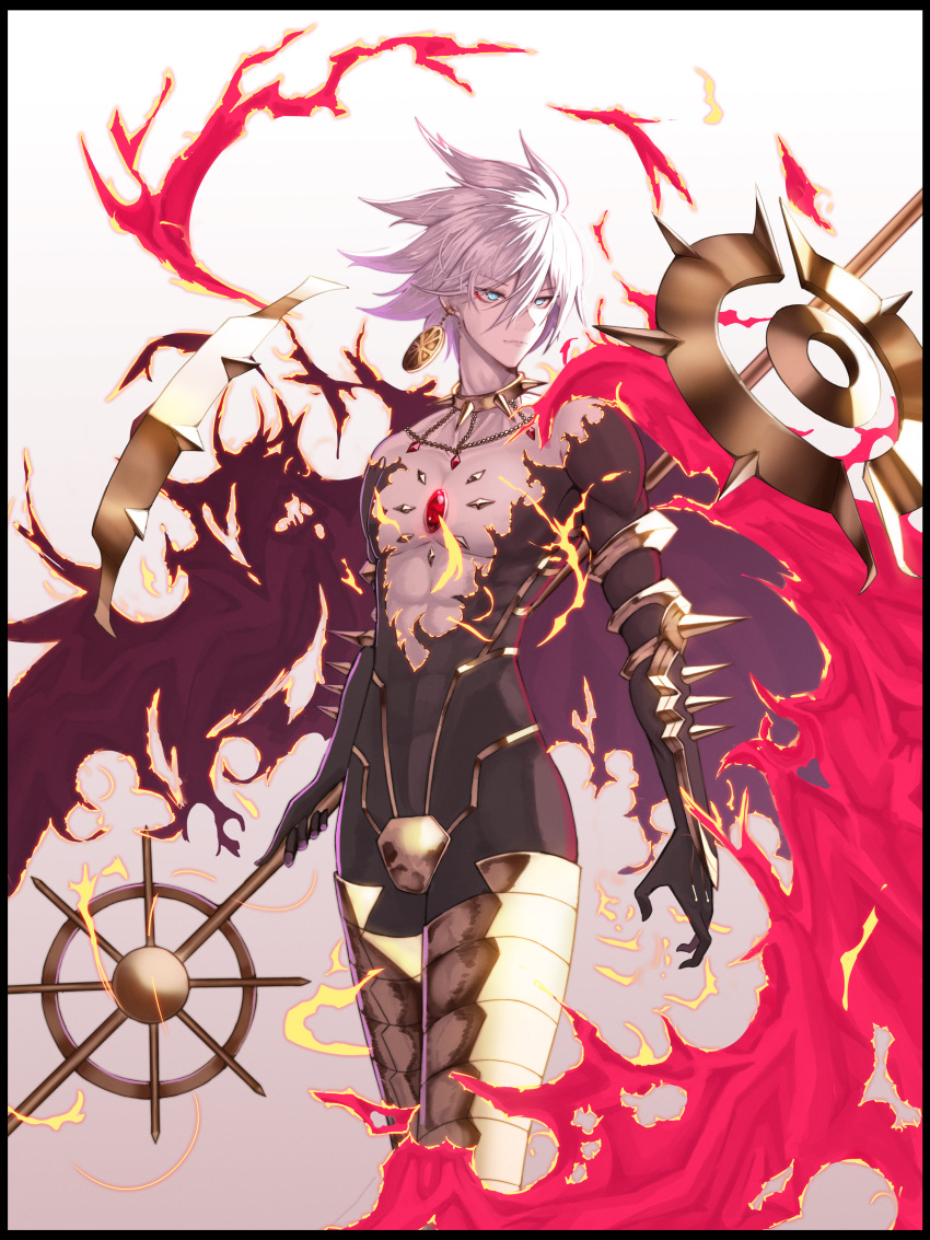 1boy absurdres armor arms_at_sides bare_chest black_bodysuit black_gloves blue_eyes bodysuit cape collar cowboy_shot earrings expressionless eyeshadow fate/apocrypha fate/grand_order fate_(series) gloves highres holding holding_staff jewelry karna_(fate) looking_to_the_side makeup male_focus nebu_(pixiv22443854) pixiv_fate/grand_order_contest_2 red_cape solo spiked_collar spikes spiky_hair staff white_hair