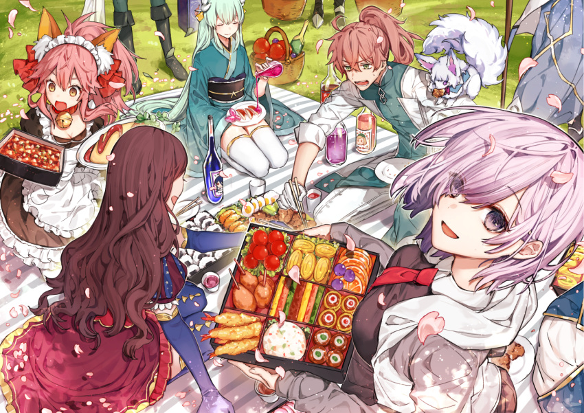 1boy 4girls :d animal_ears apple apron basket black_dress black_footwear blue_gloves blue_legwear boots bottle brown_eyes brown_hair cat_ears chopsticks creature dress egg elbow_gloves fate/grand_order fate_(series) food fou_(fate/grand_order) fruit gloves hair_over_one_eye hanakeda_(hanada_shiwo) holding holding_food kiyohime_(fate/grand_order) knee_boots labcoat lavender_hair leonardo_da_vinci_(fate/grand_order) long_hair looking_at_viewer mash_kyrielight merlin_(fate/stay_night) multiple_girls necktie obentou onigiri open_mouth petals picnic pink_hair pixiv_fate/grand_order_contest_2 ponytail pouring red_neckwear romani_akiman seiza short_hair sitting smile staff tamamo_(fate)_(all) tamamo_cat_(fate) tempura thigh-highs violet_eyes white_apron