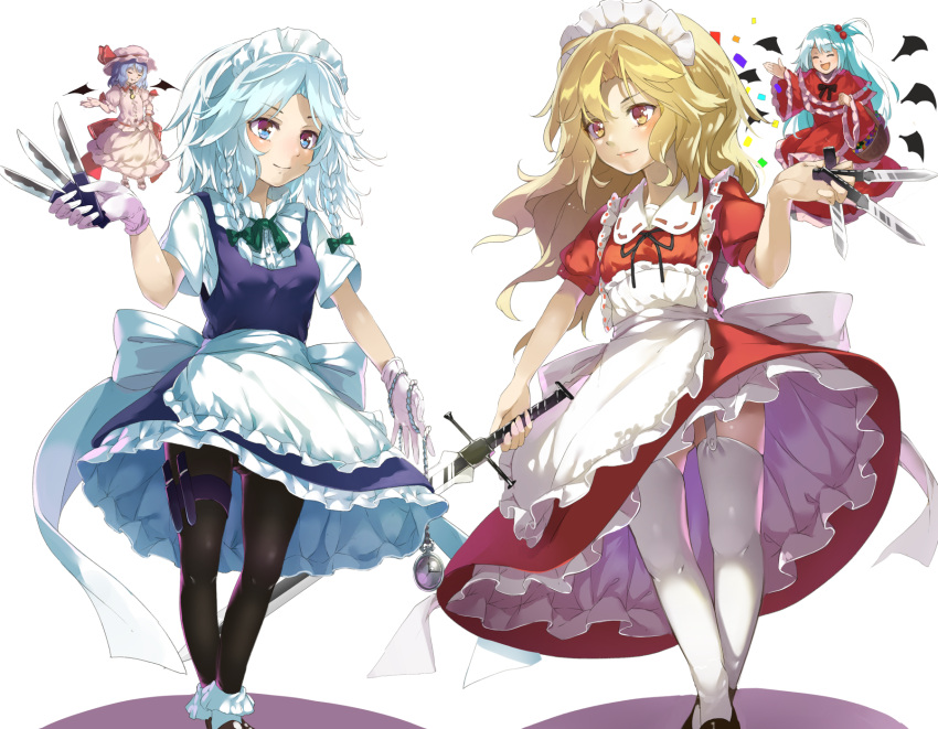 4girls ahoge ankle_boots apron arm_up basket bat_wings between_fingers black_legwear blonde_hair blue_eyes blue_hair blue_skirt blue_vest bobby_socks boots braid breasts brooch chains closed_eyes closed_mouth commentary_request confetti cravat demon_wings dress eye_contact fang feet_out_of_frame garter_straps gloves hair_bobbles hair_ornament hair_ribbon hand_on_hip hat hat_ribbon highres holding holding_chain holding_knife holding_sword holding_weapon izayoi_sakuya jewelry knife knife_holster legs_crossed long_hair long_sleeves looking_at_another maid_headdress mob_cap multiple_girls panties pantyhose pantyshot pantyshot_(standing) petticoat pink_shirt pink_skirt piyodesu pocket_watch puffy_short_sleeves puffy_sleeves red_dress red_neckwear remilia_scarlet ribbon shadow shinki shirt short_hair short_sleeves simple_background skirt small_breasts smile socks standing sword thigh-highs touhou touhou_(pc-98) tress_ribbon twin_braids underwear vest waist_apron watch weapon white_background white_gloves white_legwear white_panties white_shirt wings yellow_eyes yumeko