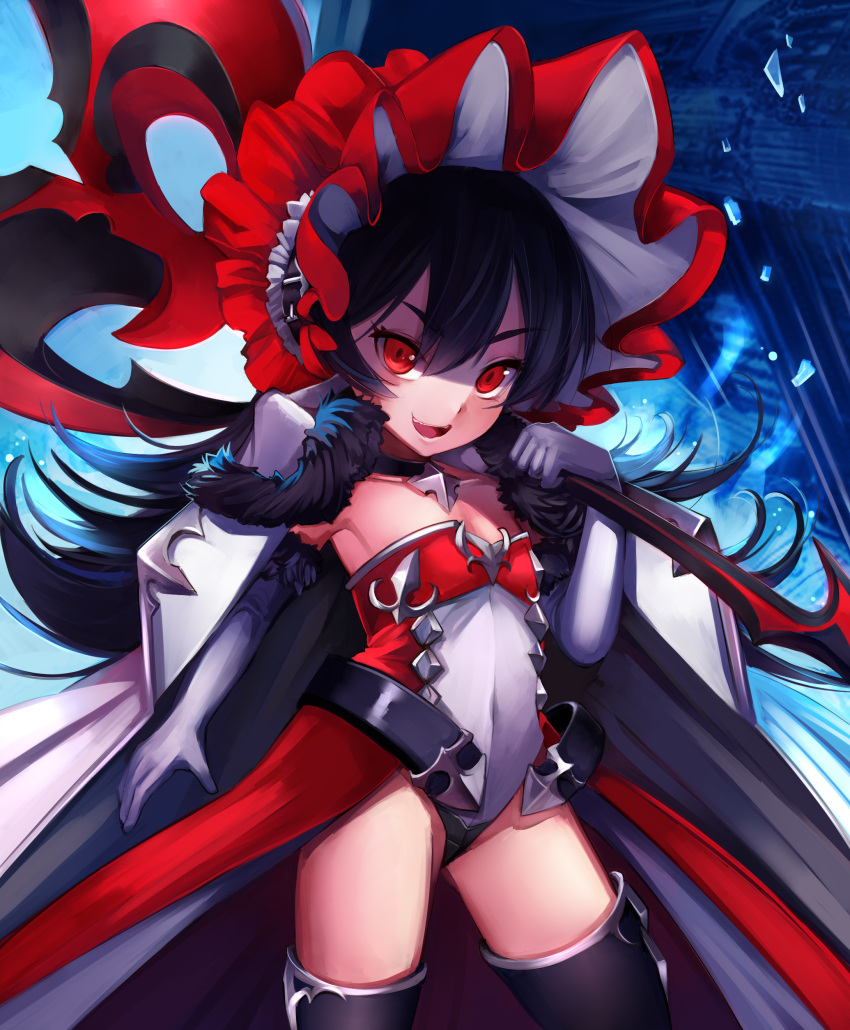 1girl absurdres axe bare_shoulders black_hair black_legwear bonnet cape character_request dress elbow_gloves gloves highres leotard long_hair pauldrons princess_connect! princess_connect!_re:dive red_eyes smile solo strapless strapless_dress tahnya thigh-highs weapon white_cape white_gloves white_leotard