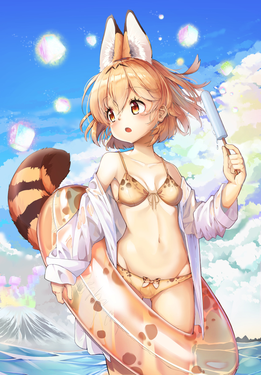 1girl :o absurdres adapted_costume animal_ears animal_ears_(artist) beach bikini blonde_hair blue_sky breasts clouds cloudy_sky collarbone day extra_ears food front-tie_top highres innertube kemono_friends looking_to_the_side navel ocean off_shoulder open_clothes open_mouth outdoors popsicle sandstar see-through_silhouette serval_(kemono_friends) serval_ears serval_print serval_tail shirt short_hair sky small_breasts solo striped_tail swimsuit tail water wet wet_clothes wet_shirt white_shirt yellow_eyes