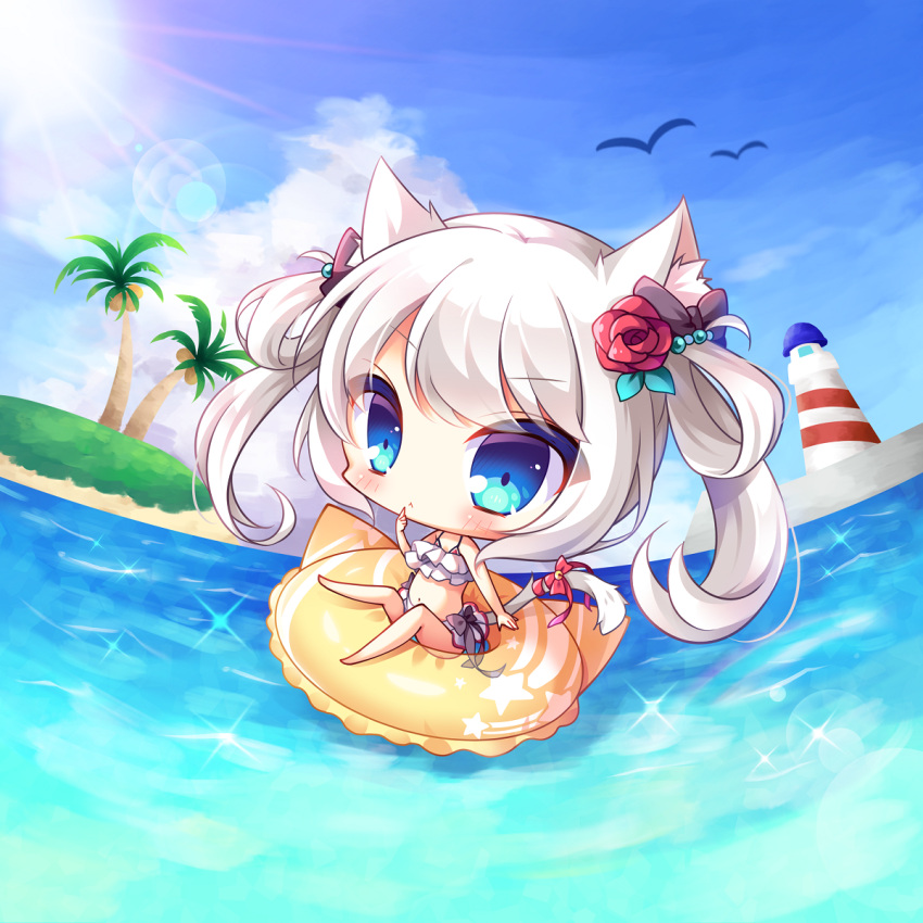 1girl :&lt; animal_ears azur_lane bangs bare_legs barefoot bell big_head bikini bird black_bow blue_eyes blue_sky blush bow cat_ears cat_girl cat_tail chibi closed_mouth clouds commentary_request day eyebrows_visible_through_hair flower hair_between_eyes hair_bow hair_flower hair_ornament hair_rings hammann_(azur_lane) hand_up highres island jingle_bell lighthouse long_hair looking_at_viewer ocean outdoors palm_tree red_bow red_flower red_rose rose ryuuka_sane silver_hair sky solo sun sunlight swimsuit tail tail_bell tail_bow tree twintails water white_bikini