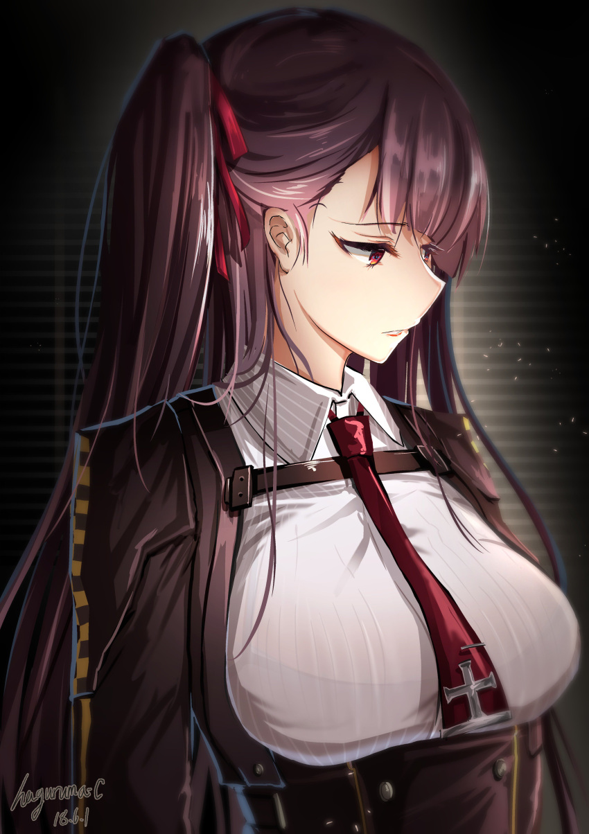 1girl absurdres bangs black_skirt blazer blinds blush breasts collared_shirt dated eyebrows_visible_through_hair framed_breasts girls_frontline haguruma_(hagurumali) hair_ribbon half_updo high-waist_skirt highres indoors jacket large_breasts light_particles long_hair looking_away necktie night one_side_up open_mouth purple_hair red_eyes red_neckwear ribbon shirt sidelocks signature skirt solo strap striped striped_shirt tsurime upper_body very_long_hair wa2000_(girls_frontline) window