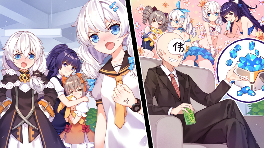 1boy 4girls anger_vein ass bangs bare_shoulders benghuai_xueyuan bikini black_jacket black_pants blue_bikini blue_bow blue_eyes blue_ribbon blue_swimsuit blush bow braid breasts bronya_zaychik brown_dress brown_eyes brown_hair brown_sailor_collar can clenched_hand clenched_teeth closed_mouth collared_shirt commentary_request couch dress drill_hair eyebrows_visible_through_hair flower food formal grin hair_between_eyes hair_bow hair_flower hair_ornament hair_ribbon hand_up hands_on_hips highres holding holding_can holding_food honkai_impact indoors jacket kiana_kaslana legs_crossed long_hair long_sleeves multiple_girls necktie nose_blush object_hug on_couch one-piece_swimsuit open_mouth orange_bow orange_dress orange_flower orange_neckwear pants polka_dot polka_dot_bow polka_dot_ribbon ponytail popsicle puffy_short_sleeves puffy_sleeves purple_hair raiden_mei red_bow red_neckwear ribbon sailor_collar school_uniform see-through serafuku shirt short_sleeves silver_hair single_braid sitting sleeveless sleeveless_dress small_breasts smile striped striped_neckwear stuffed_animal stuffed_toy suit sweat sweater_vest swimsuit teeth theresa_apocalypse tongue tongue_out tsubasa_tsubasa twin_braids twin_drills v-shaped_eyebrows vertical-striped_neckwear vertical_stripes violet_eyes watch watch white_bikini white_flower white_shirt wide_sleeves wrist_cuffs