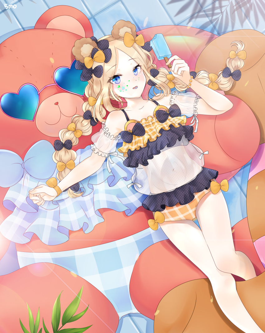 1girl 5mo abigail_williams_(fate/grand_order) absurdres animal_ears artist_name bangs bare_legs bare_shoulders bear_ears bikini black_bikini black_bow blonde_hair blue-tinted_eyewear blue_bow blue_eyes bow bracelet collarbone commentary_request detached_sleeves facial_mark fake_animal_ears fate/grand_order fate_(series) food hair_bow heart heart-shaped_eyewear highres holding holding_food jewelry long_hair looking_at_viewer low_twintails lying multicolored multicolored_bikini multicolored_clothes navel on_back orange_bikini orange_bow parted_bangs pink-framed_eyewear plaid plaid_bikini polka_dot polka_dot_bikini polka_dot_bow popsicle puffy_short_sleeves puffy_sleeves see-through short_sleeves solo star stuffed_animal stuffed_toy sunglasses swimsuit teddy_bear tile_wall tiles tongue tongue_out twintails very_long_hair