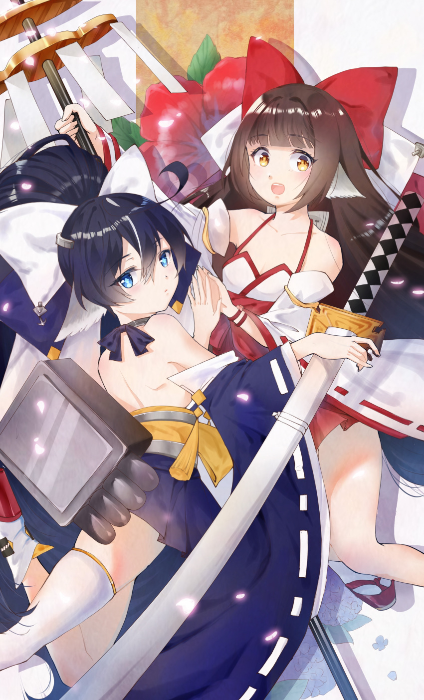 2girls absurdres artist_request azur_lane backless_outfit black_hair blue_eyes bow collarbone commentary_request detached_sleeves hair_bow harutsuki_(azur_lane) highres katana long_hair looking_at_viewer multiple_girls nontraditional_miko open_mouth ponytail sword thigh-highs torpedo_tubes weapon yellow_eyes yoizuki_(azur_lane)