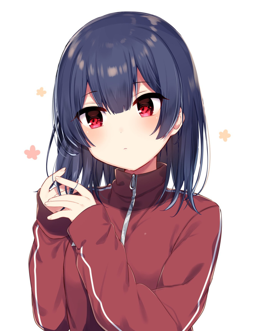 1girl bangs blue_hair blush closed_eyes closed_mouth hair_between_eyes hair_down hands_up highres idolmaster idolmaster_shiny_colors jacket mafuyu_(chibi21) medium_hair morino_rinze playing_with_own_hair red_eyes red_track_suit track_jacket tsurime zipper zipper_pull_tab