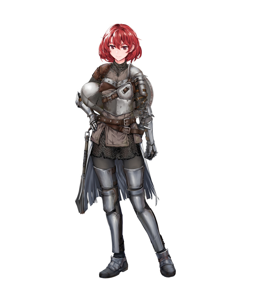 1girl absurdres armor armored_boots boots chainmail contrapposto full_body graphite_(medium) hand_on_hip headwear_removed helmet helmet_removed highres knight mace medieval onceskylark original plate_armor red_eyes redhead shield short_hair smile sword traditional_media weapon white_background