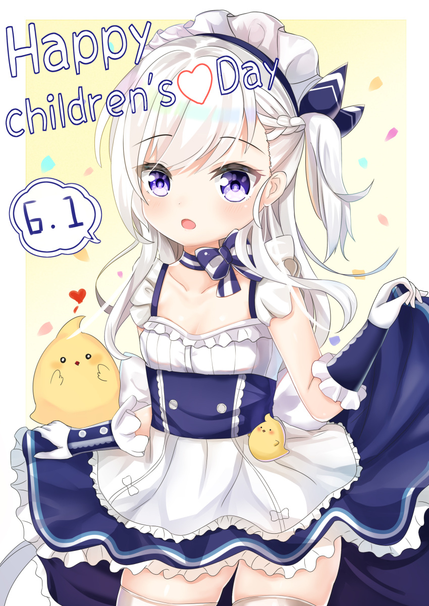 1girl :d absurdres animal apron azur_lane bangs belchan_(azur_lane) belfast_(azur_lane) bird blue_dress blue_ribbon blush braid collarbone commentary_request dated dress elbow_gloves eyebrows_visible_through_hair frilled_apron frills gloves hair_between_eyes hair_ribbon heart highres ju_(a793391187) looking_at_viewer maid_headdress one_side_up open_mouth ribbon silver_hair sleeveless sleeveless_dress smile solo thigh-highs violet_eyes waist_apron white_apron white_gloves white_legwear younger