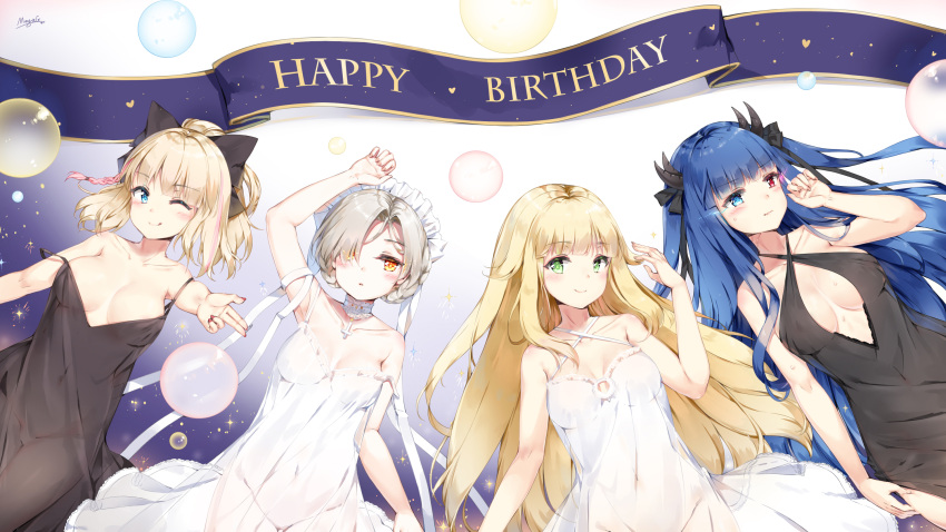 1girl 4girls :q alternate_costume armpits aurora_(f10)_(azur_lane) azur_lane babydoll bangs bare_shoulders black_bow black_dress black_ribbon blonde_hair blue_eyes blue_hair blush bow braid breasts choker cleavage closed_mouth collarbone covered_navel cross_choker dress eyebrows_visible_through_hair green_eyes groin hair_bow hair_flaps hair_ornament hair_over_one_eye hand_up heterochromia highres horns ibuki_(azur_lane) jewelry large_breasts long_hair looking_at_viewer looking_away lying maid_headdress maya_g medium_breasts multicolored_hair multiple_girls no_bra off_shoulder on_back one_eye_closed parted_lips pink_hair red_eyes ribbon richmond_(azur_lane) see-through_silhouette sheffield_(azur_lane) short_hair side_braid sideboob sidelocks signature smile sparkle sweat thighs tongue tongue_out very_long_hair wavy_mouth white_dress yellow_eyes