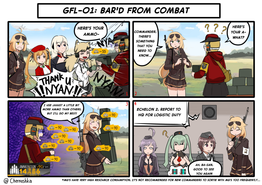 6+girls ? absurdres animal_ears armband beret blonde_hair blue_hair brown_hair brown_jacket c96_(girls_frontline) chernoshka comic commander_(girls_frontline) english eyewear_on_head fingers_together g3_(girls_frontline) gameplay_mechanics girls_frontline glasses gun hair_ribbon hat highres idw_(girls_frontline) jacket long_hair low-tied_long_hair m1918_bar m1918_bar_(girls_frontline) machine_gun micro_uzi_(girls_frontline) multiple_girls necktie p38_(girls_frontline) purple_hair ribbon short_hair sten_mk2_(girls_frontline) tagme twintails weapon