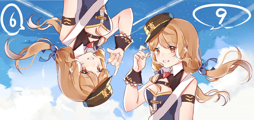 1girl armband blush breasts brown_eyes brown_hair cleavage clouds commentary commentary_request girls_frontline hat long_hair looking_at_viewer low-tied_long_hair military military_uniform natie_(latte) sash sky smile ssg_69_(girls_frontline) uniform