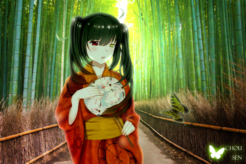 1girl :o asymmetrical_hair bamboo bamboo_forest black_hair blush bug butterfly clock clock_eyes commentary_request date_a_live day fan floral_print forest gears hair_between_eyes heterochromia holding holding_fan insect japanese_clothes kimono long_hair looking_at_viewer nature outdoors paper_fan print_kimono red_eyes solo susaki_chousen symbol-shaped_pupils tokisaki_kurumi twintails uchiwa yellow_eyes