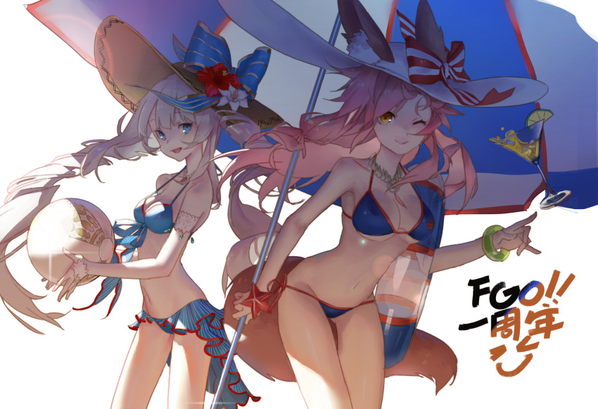 2girls absurdres animal_ears beach_umbrella bikini blue_bikini blue_eyes breasts cleavage ears_through_headwear fate/grand_order fate_(series) fox_ears fox_tail hat highres innertube keapriciti large_breasts long_hair looking_at_viewer marie_antoinette_(fate/grand_order) marie_antoinette_(swimsuit_caster)_(fate) medium_breasts multiple_girls one_eye_closed open_mouth pink_hair side-tie_bikini silver_hair simple_background smile sun_hat swimsuit tail tamamo_(fate)_(all) tamamo_no_mae_(swimsuit_lancer)_(fate) twintails umbrella very_long_hair white_background yellow_eyes