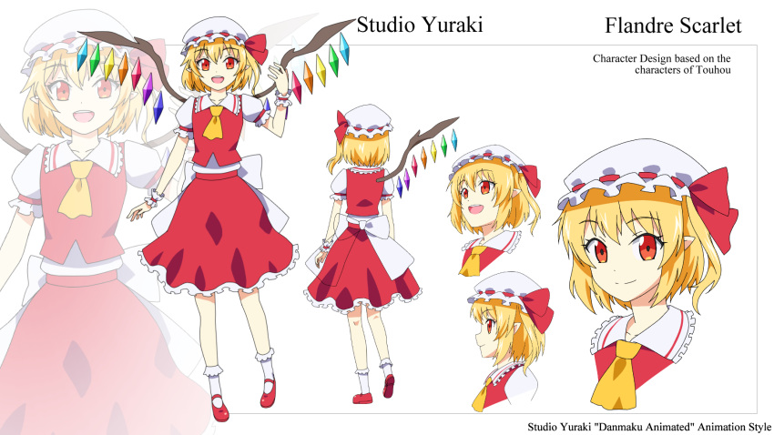 1girl :d artist_name ascot bangs blonde_hair bobby_socks bow character_name character_sheet closed_mouth collarbone collared_shirt danmaku!! dot_nose english eyebrows_visible_through_hair flandre_scarlet frilled_hat frilled_sleeves frills hand_up hat highres large_bow looking_at_viewer mary_janes mob_cap multiple_views open_mouth petticoat pointy_ears puffy_short_sleeves puffy_sleeves rainbow_order raised_eyebrows red_eyes red_footwear red_shirt red_skirt shirt shoes short_hair short_sleeves side_ponytail simple_background skirt smile socks standing standing_on_one_leg touhou turnaround wavy_hair white_background white_bow white_hat white_legwear wing_collar wings wrist_cuffs yellow_neckwear zoom_layer
