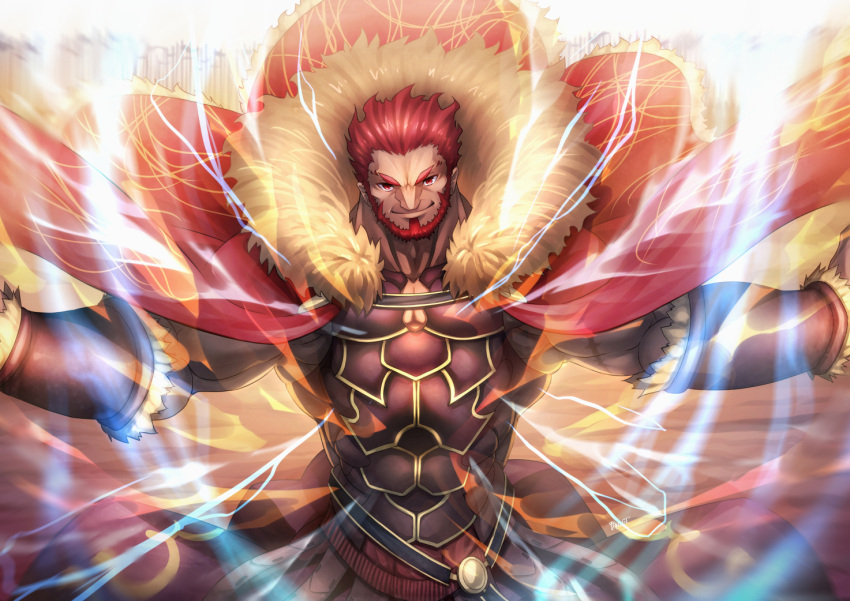 1boy abs beard cape commentary_request facial_hair fate/zero fate_(series) kamonegi_(meisou1998) looking_at_viewer outstretched_arm pixiv_fate/grand_order_contest_2 red_eyes redhead rider_(fate/zero) smile solo upper_body
