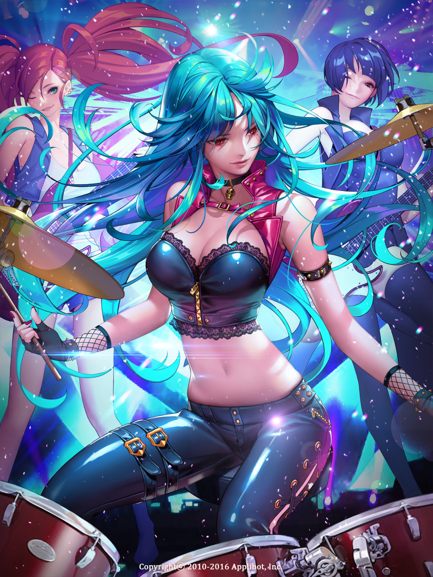 3girls ;) armlet black_gloves black_pants blue_hair breasts brown_eyes brown_hair cleavage collar collarbone crop_top fingerless_gloves fishnets floating_hair gang_road_joker gloves green_eyes guitar head_tilt highres holding holding_instrument instrument large_breasts long_hair midriff multiple_girls navel official_art one_eye_closed pants red_eyes red_gloves shiny shiny_clothes shirt short_hair sitting sleeveless smile soo_kyung_oh standing stomach twintails very_long_hair white_shirt