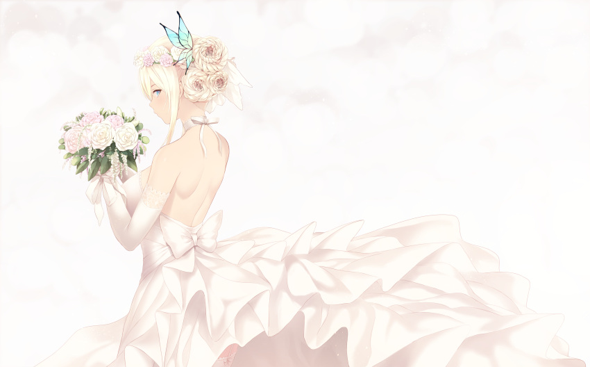 1girl absurdres alternate_hairstyle backless_dress backless_outfit bare_shoulders blonde_hair blue_eyes boku_wa_tomodachi_ga_sukunai bouquet braid braided_bun butterfly_hair_ornament cait commentary dress flower from_behind hair_bun hair_flower hair_ornament hair_up highres kashiwazaki_sena looking_back shoulder_blades side_bun sidelocks simple_background solo tied_hair wedding_dress white_flower