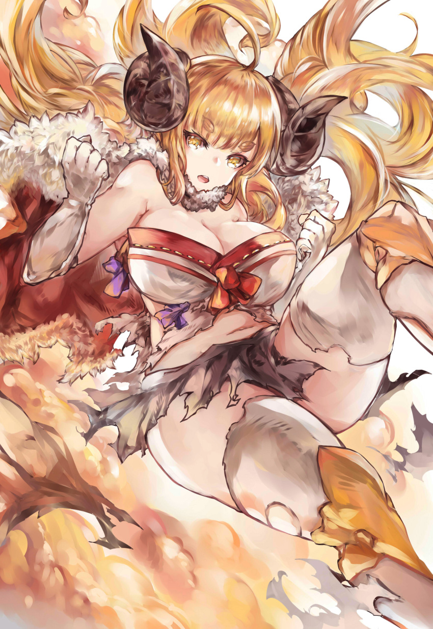1girl absurdres ahoge anila_(granblue_fantasy) blonde_hair breasts cleavage commentary_request draph eyebrows eyebrows_visible_through_hair fur_trim gloves granblue_fantasy highres horns large_breasts long_hair mi_bait open_mouth sheep_horns short_eyebrows solo thick_eyebrows thigh-highs torn_clothes very_long_hair white_gloves white_legwear yellow_eyes