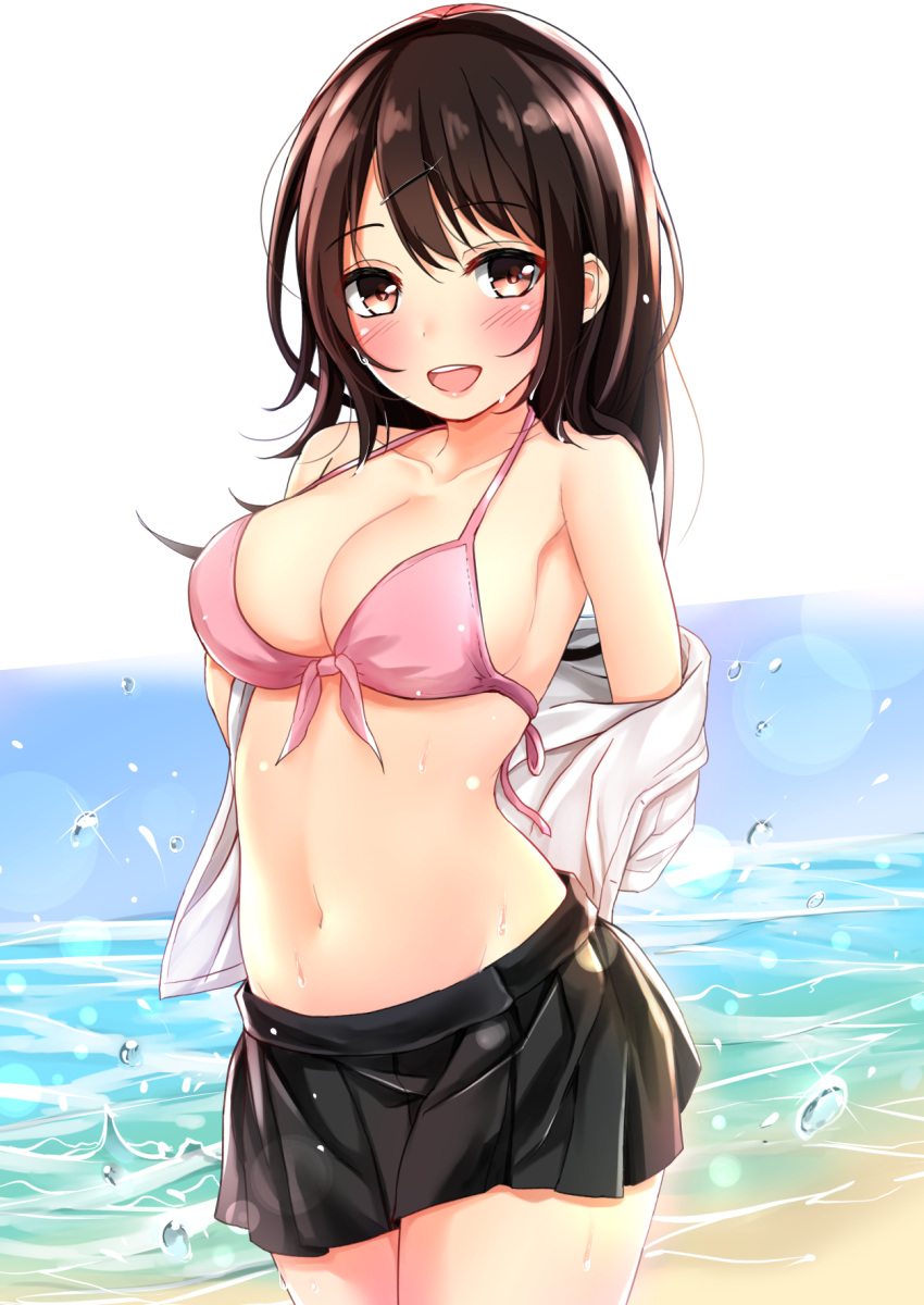 1girl :d arched_back armpit_crease arms_behind_back bangs beach bikini black_hair black_skirt blue_sky blush breasts cleavage collarbone commentary_request cowboy_shot day eyebrows_visible_through_hair front-tie_bikini front-tie_top glint hair_ornament hairclip highres lens_flare looking_at_viewer medium_breasts medium_hair navel ocean open_mouth original outdoors pikacchi pink_bikini pink_bikini_top pleated_skirt red_eyes sideboob skirt sky smile solo swept_bangs swimsuit undressing upper_teeth water_drop wet wet_hair