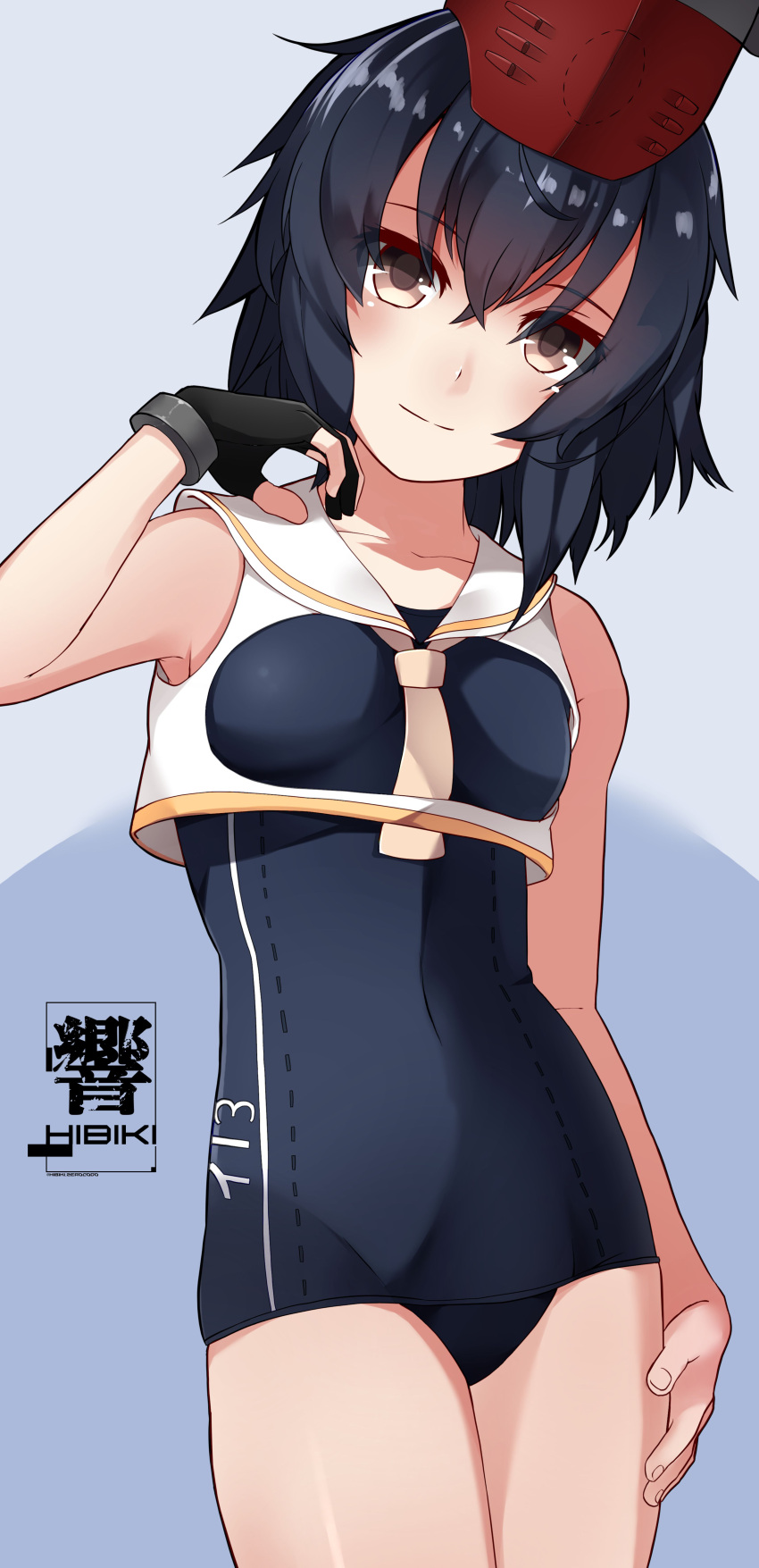 1girl absurdres artist_name asymmetrical_hair black_hair blue_background blue_swimsuit breasts brown_eyes covered_navel cowboy_shot crop_top framed_breasts gloves hair_between_eyes hand_on_own_leg hat headphones hibiki_zerocodo highres i-13_(kantai_collection) kantai_collection looking_at_viewer old_school_swimsuit one-piece_swimsuit partly_fingerless_gloves sailor_collar school_swimsuit shirt short_hair single_glove small_breasts smile solo standing swimsuit swimsuit_under_clothes thighs two-tone_background white_sailor_collar
