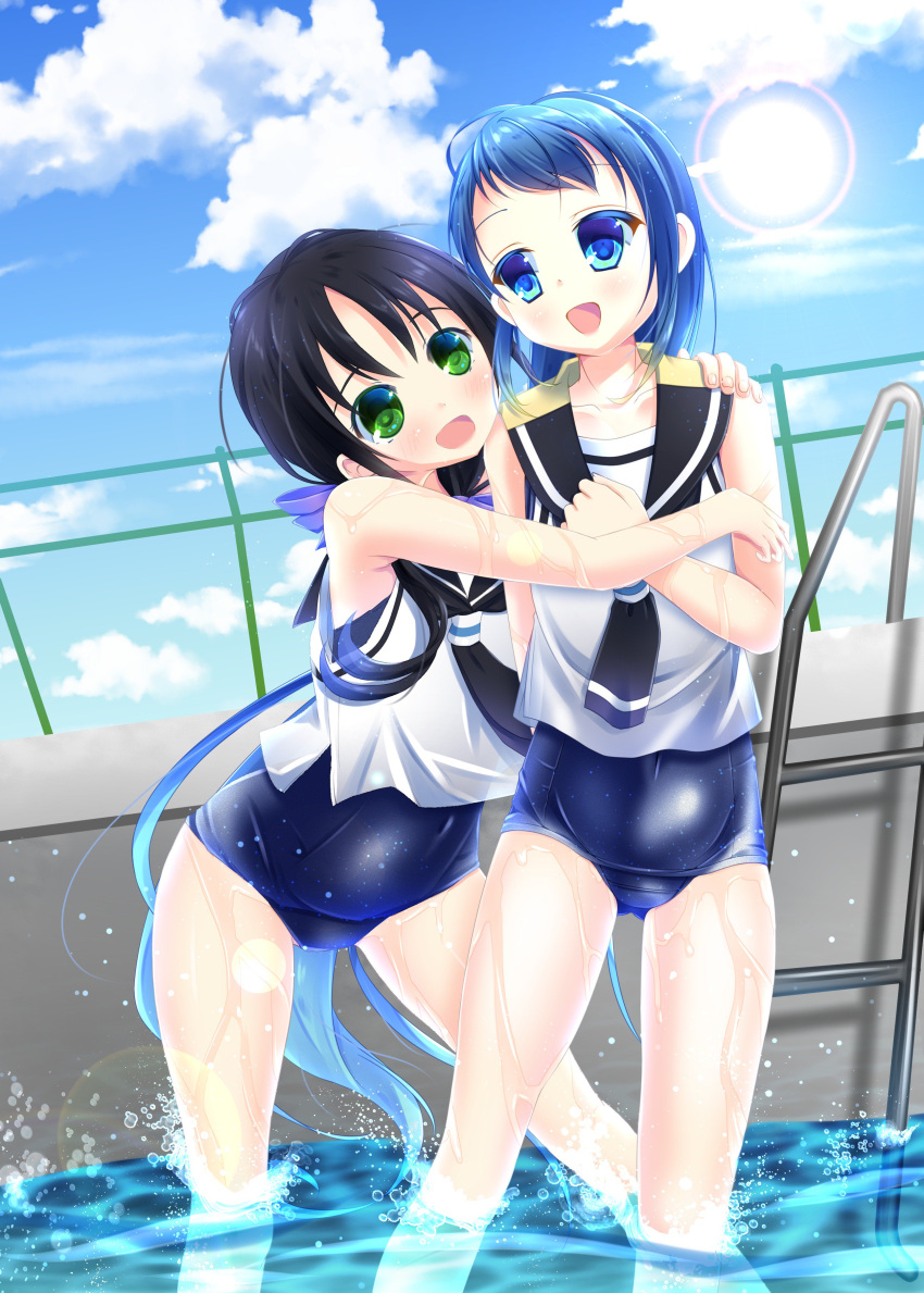 2girls absurdres black_hair blue_eyes blue_hair blue_swimsuit chain-link_fence chisamikan clouds cloudy_sky fence gradient_hair green_eyes highres kantai_collection long_hair looking_at_viewer low_twintails multicolored_hair multiple_girls neckerchief one-piece_swimsuit outdoors pool pool_ladder poolside ribbon sailor_collar samidare_(kantai_collection) school_swimsuit school_uniform serafuku shirt sky sleeveless sleeveless_shirt sun suzukaze_(kantai_collection) swimsuit swimsuit_under_clothes twintails very_long_hair wading water wet