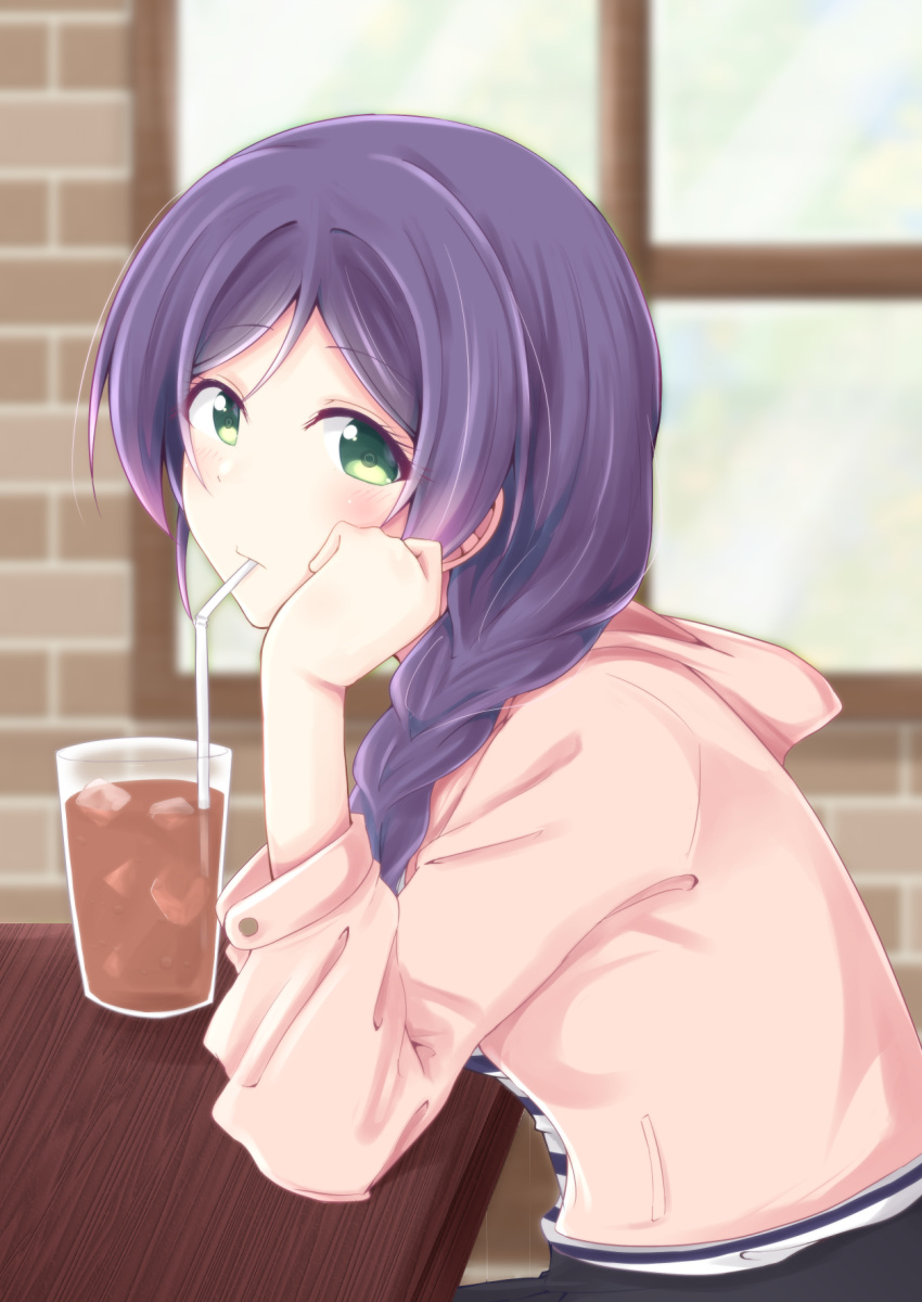 1girl blurry blurry_background blush braid brick_wall casual chin_rest chiro_(bocchiropafe) cup drinking drinking_glass drinking_straw elbows_on_table eyebrows_visible_through_hair green_eyes hair_over_shoulder highres hood hood_down hooded_jacket ice ice_cube indoors jacket long_hair long_sleeves looking_at_viewer love_live! love_live!_school_idol_project pink_jacket purple_hair single_braid sitting solo table toujou_nozomi upper_body window