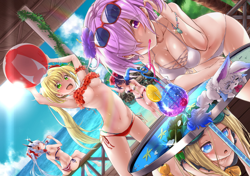 5girls :d ;) abigail_williams_(fate/grand_order) arm_support arm_up arms_up ball bangs bare_arms bare_legs bare_shoulders barefoot beach beachball bendy_straw bikini black_bikini blonde_hair blue_eyes blue_sky blush bow bracelet breasts cleavage closed_eyes closed_mouth clouds collarbone commentary_request crazy_straw creature cup day drink drinking_glass drinking_straw dutch_angle eyebrows_visible_through_hair eyewear_on_head fate/extra fate/grand_order fate_(series) flower food fou_(fate/grand_order) glass_table green_eyes hair_between_eyes hair_flower hair_intakes hair_ornament hair_over_one_eye halter_top halterneck hand_in_hair heart_straw highres holding holding_ball holding_food horizon horns jewelry katsushika_hokusai_(fate/grand_order) large_breasts layered_bikini leaning_forward legs_crossed long_hair mash_kyrielight multicolored multicolored_bikini multicolored_clothes multiple_girls navel nero_claudius_(fate) nero_claudius_(fate)_(all) ocean one_eye_closed oni oni_horns open_mouth orange_bow orange_flower outdoors palm_tree parted_bangs partial_commentary popsicle purple_flower purple_hair railing red-framed_eyewear red_bikini red_eyes red_flower revision sand sarujie_(broken_monky) seashell shell short_hair side-tie_bikini side_ponytail sidelocks silver_hair sitting sky small_breasts smile sparkle starfish striped striped_bikini sunglasses sunlight sweat swimsuit table thigh_gap tomoe_gozen_(fate/grand_order) tongue tongue_out transparent tree under_boob under_table very_long_hair violet_eyes water white_bikini