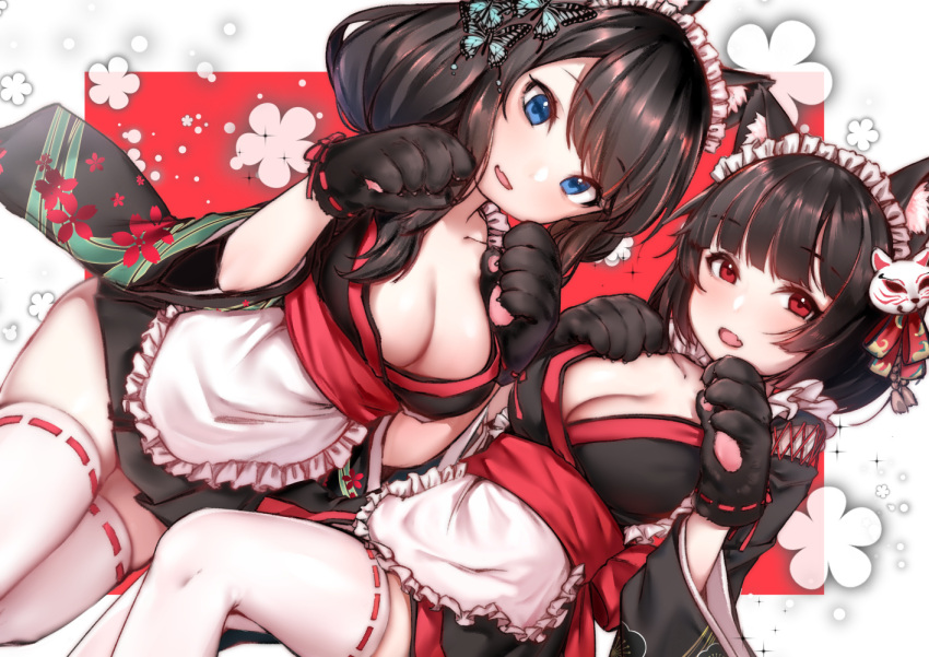 2girls apron azur_lane black_hair blue_eyes bob_cut breasts butterfly_hair_ornament cleavage dutch_angle eyebrows_visible_through_hair fang floral_print fusou_(azur_lane) gloves hair_ornament hair_ribbon hands_up japanese_clothes large_breasts lolita_fashion looking_at_viewer maid_headdress multiple_girls obi paw_gloves paws red_eyes ribbon ribbon-trimmed_legwear ribbon_trim sash short_hair sunege_(hp0715) thigh-highs wa_lolita waist_apron wide_sleeves yamashiro_(azur_lane)